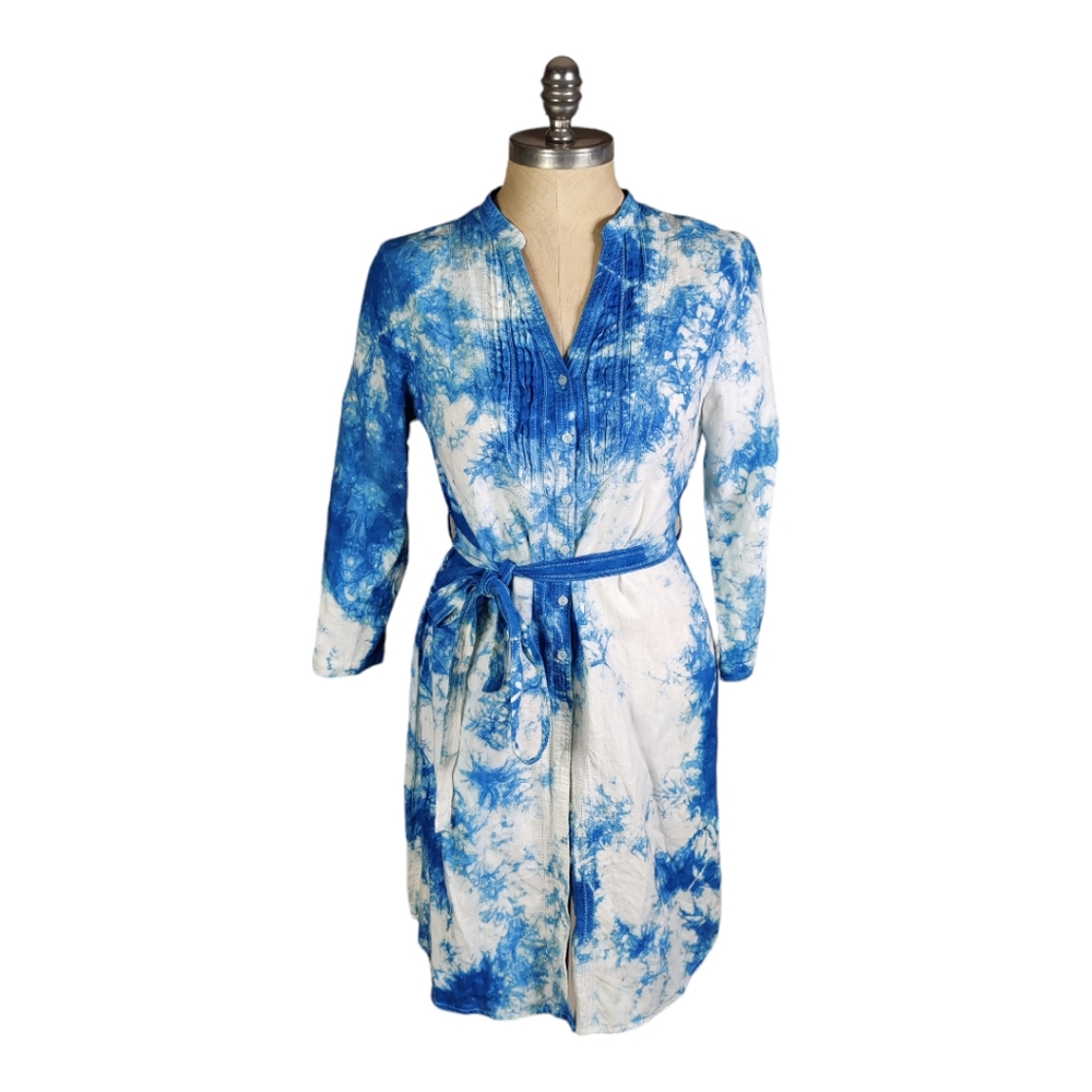 Beautiful Linen Tie Dye Blue White Belted Dress Sz M Pleated Chest Button Front